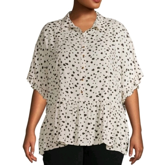 Terra & Sky Collared Cow Polka Dot Print Flare Women's Top Plus Size 2X - Picture 1 of 11